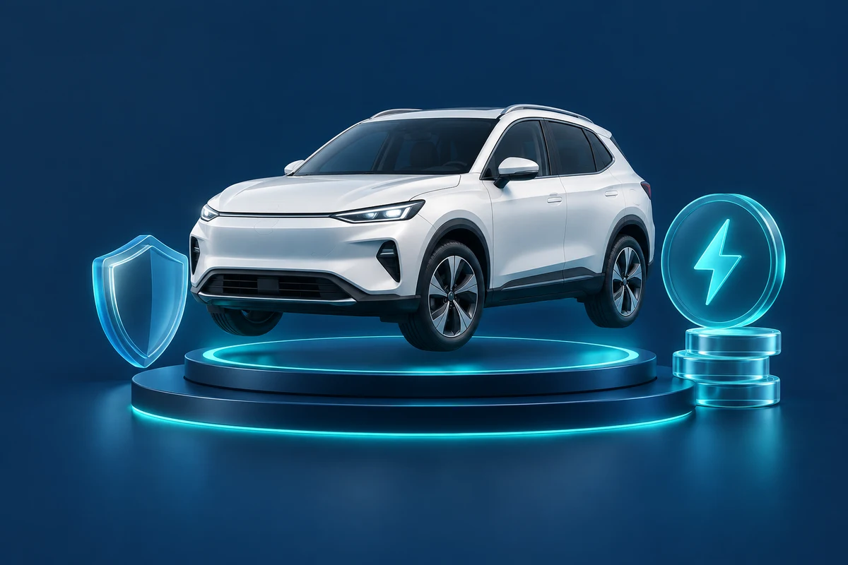 Pearl-white car on a teal platform with finance, protection and energy symbols